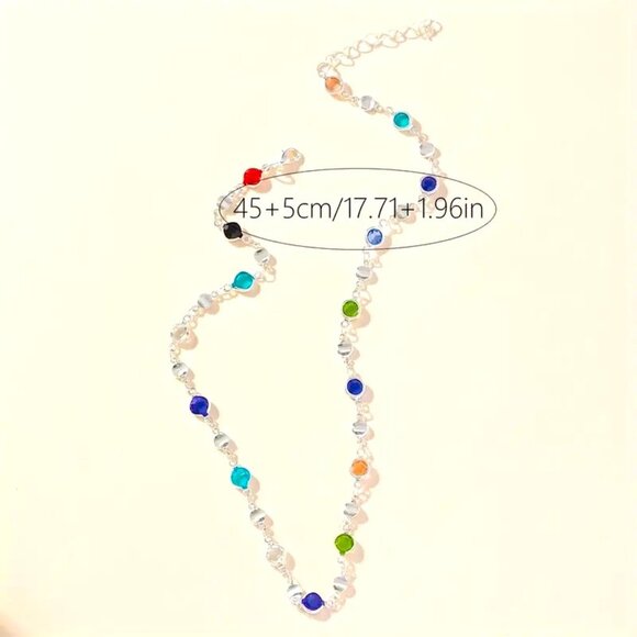 Colorful Gemstone Choker Necklace Silver Boho Hippie Adjustable Stones Rainbow - Picture 3 of 3